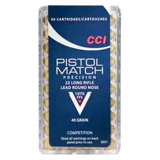 CCI AMMO PISTOL MATCH .22LR 1070FPS. 40GR. LEAD-RN 50-PACK