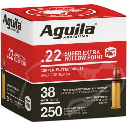AGUILA AMMO .22LR HIGH VELOCITY 1280FPS. 38GR. LEAD HP 250-PK. AGUILA AMMO .22LR HIGH VELOCITY 1280FPS. 38GR. LEAD HP 250-PK.