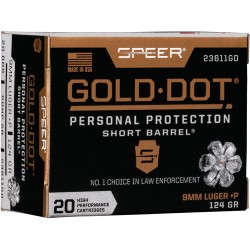 SPEER AMMO GOLD DOT SHORT BARREL 9MM LUGER +P 124GR. GDHP 20-PK.