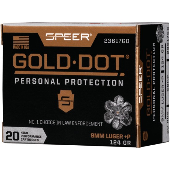 SPEER AMMO GOLD DOT 9MM LUGER +P 124GR. GDHP 20-PK