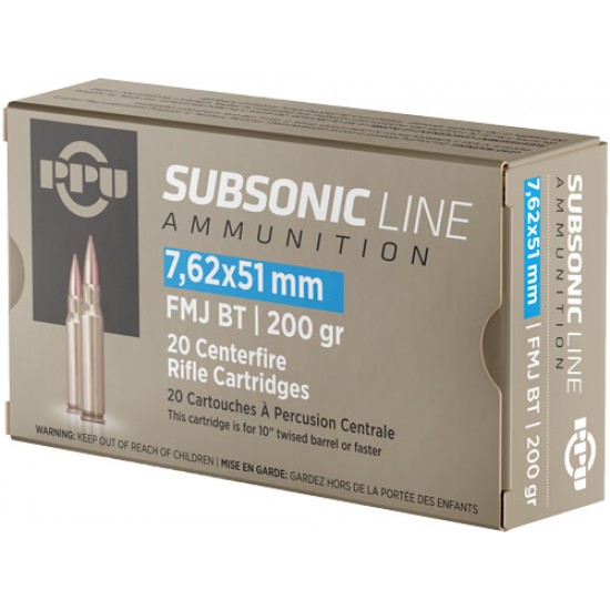 PPU AMMO 7.62X51 SUBSONIC 200GR. FMJBT 20RD BOX