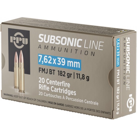 PPU AMMO 7.62X39 SUBSONIC 182GR. FMJ 20RD BOX