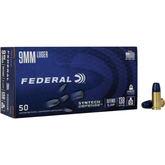 FEDERAL AMMO 9MM LUGER 138GR. SYNTHETIC DEFENSE SJHP 50-PK
