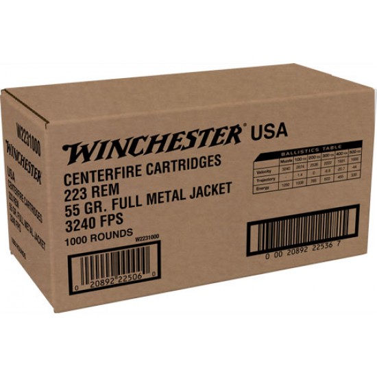 WINCHESTER AMMO USA .223 CASE LOT 55GR. FMJ 1000RD CASE
